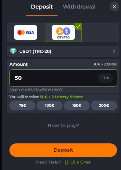 Corgibet crypto deposit screen — BTC, ETH, USDT and LTC with a wallet address