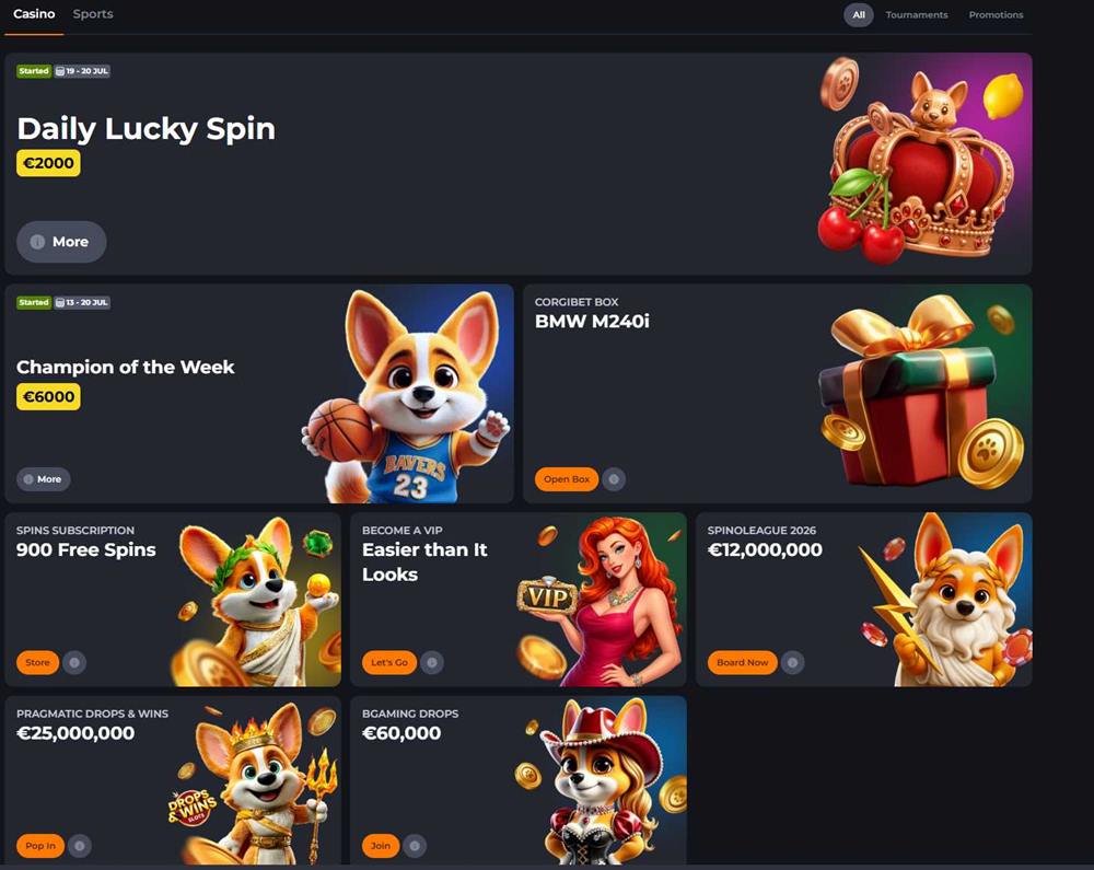 Corgibet promotions — Daily Lucky Spin €2,000, Champion of the Week €6,000, Spinoleague €12,000,000 and network drops