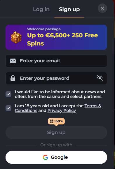 Corgibet sign-up form — email and password or Google, with the €6,500 + 250 free spins welcome package